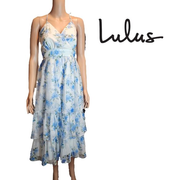 Lulus Dresses & Skirts - Lulu’s Cultivate Crushes Floral Print Tiered Ruffled Midi Dress NWT Blue…